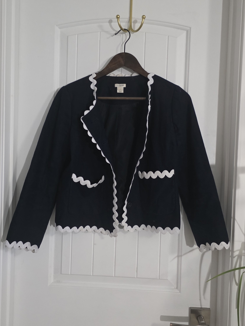J.Crew Y2K Navy Linen Cotton Ric Rac Trim Lady Jacket Blazer Size 2 -18 inch ptp - Picture 3 of 11